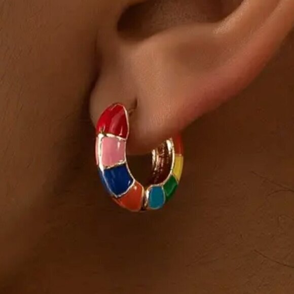 Rainbow Multi-color Enamel Huggie Earrings Medium Hoop #1343 - Picture 7 of 7
